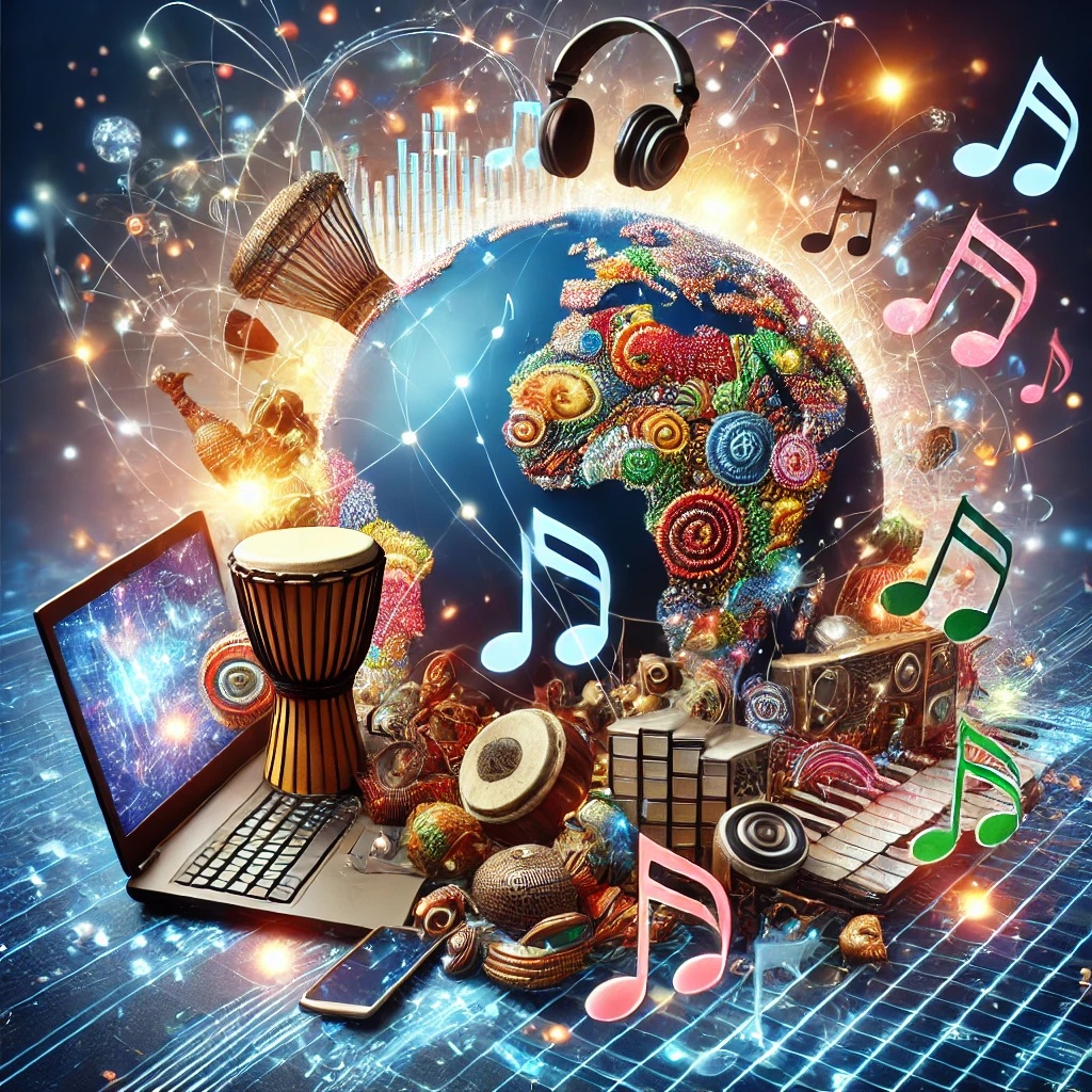 A vibrant representation of Afro-fusion music and global success, showcasing African instruments, digital devices, and a globe interconnected with music notes.