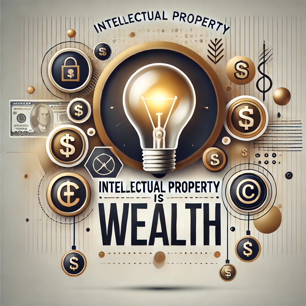 A visual representation of intellectual property as wealth, featuring symbols like a glowing brain, legal icons, and currency elements with the text 'Intellectual Property is Wealth' in bold