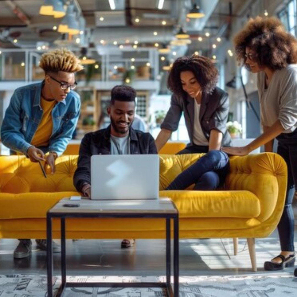 A group of four diverse creatives collaborating around a laptop in a modern workspace, brainstorming ideas together while sitting on a bright yellow sofa.