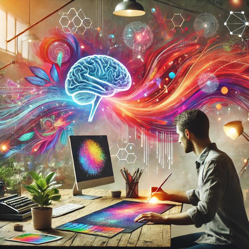 A graphic designer immersed in a creative workspace, blending natural artistic elements with digital AI enhancements on-screen, symbolizing the fusion of human creativity and artificial intelligence.